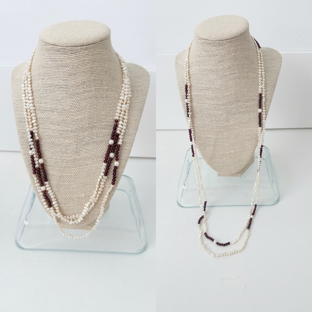Genuine Pearls & Garnet Necklace White Red 64" Double Triple Strand